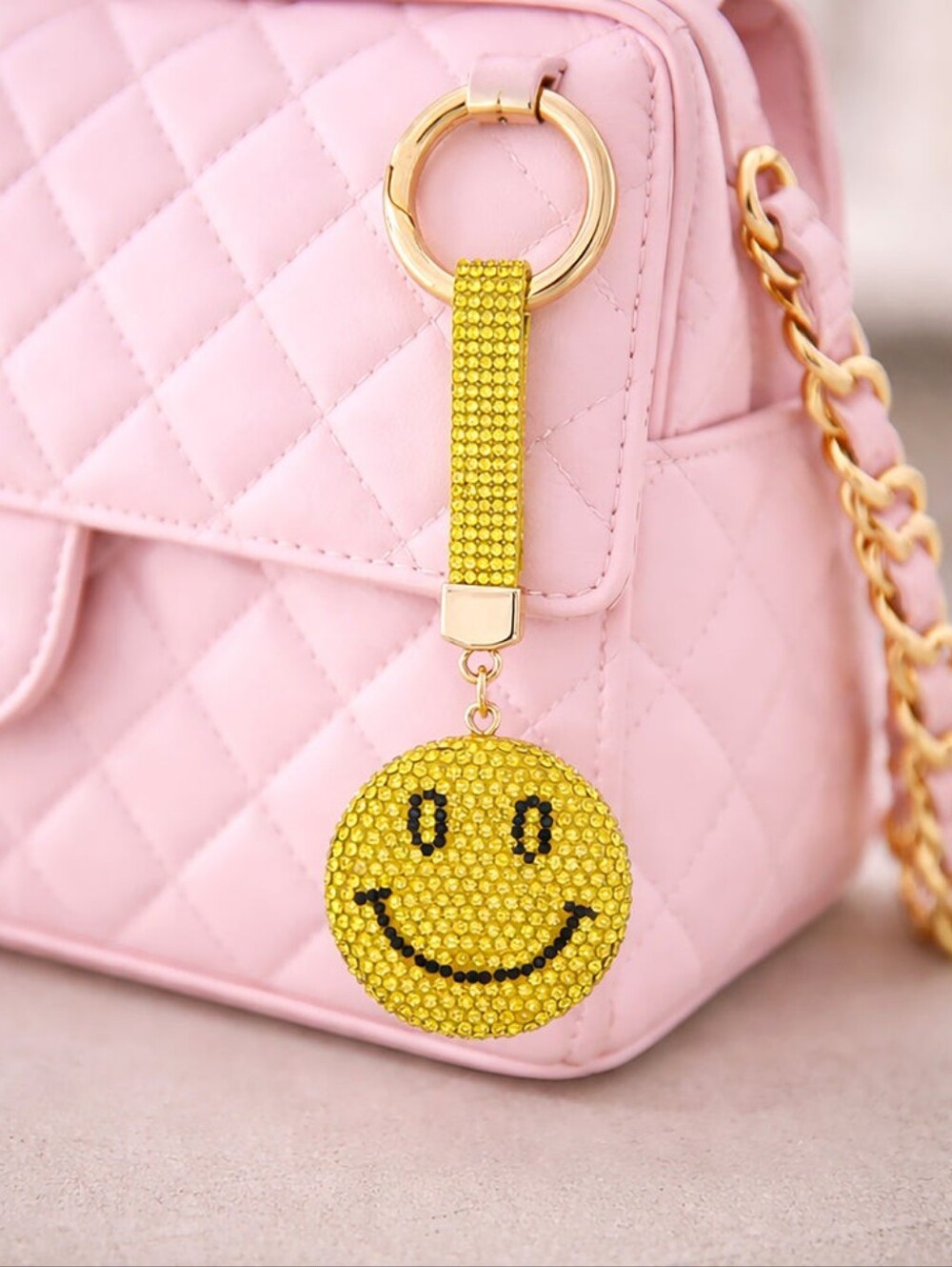 Smiley Gemmed Bag Charm Yellow Rhinestone Keychain Purse Accessories
